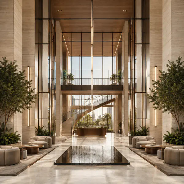 Symmetrical composition — Symmetrical composition centers matching architectural elements around an axis, creating visual order, balance, and formal calm