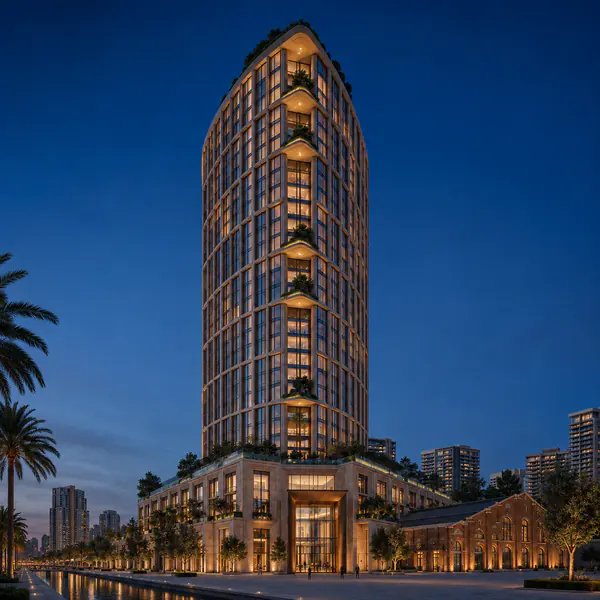 Twilight exterior — A twilight exterior balances a deep blue sky with illuminated windows and exterior fixtures for polished atmosphere