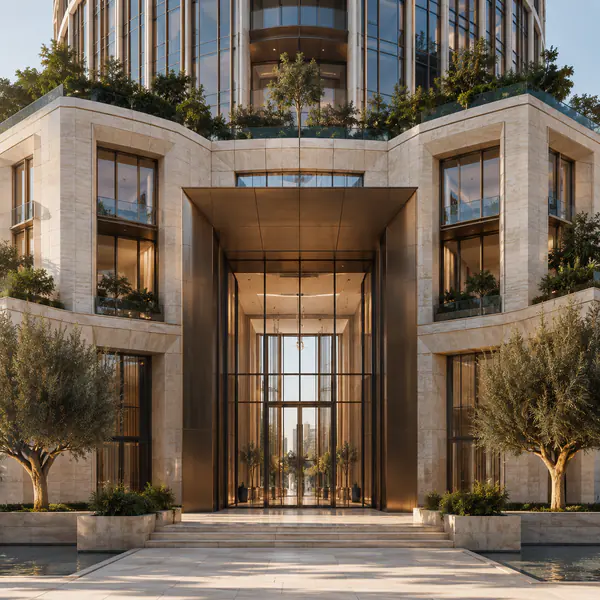 Entrance view — An entrance view clarifies arrival by featuring doors, thresholds, canopies, signage areas, and the approach route