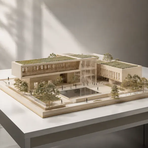 Physical Scale Model — Represents a building as a reduced three-dimensional object made from card, wood, plastic, or other materials