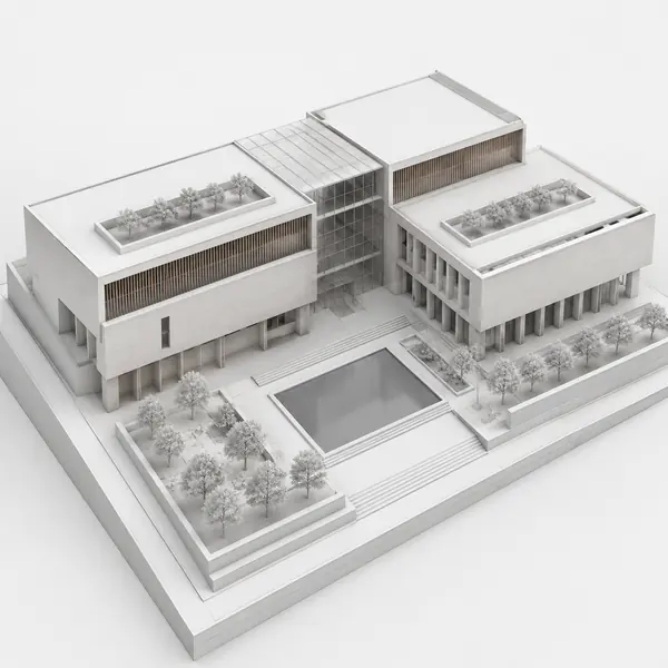 Digital 3D Model — Displays a computer-built three-dimensional design with controllable geometry, materials, views, and lighting