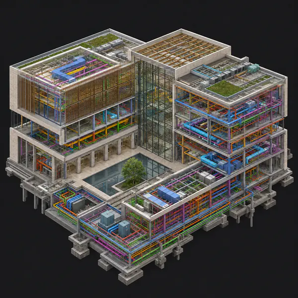 BIM Model — Shows a data-rich building model in which architectural, structural, and service components are coordinated