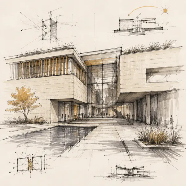 Concept Sketch — Communicates an early design idea quickly through loose lines, notes, shading, and simplified form