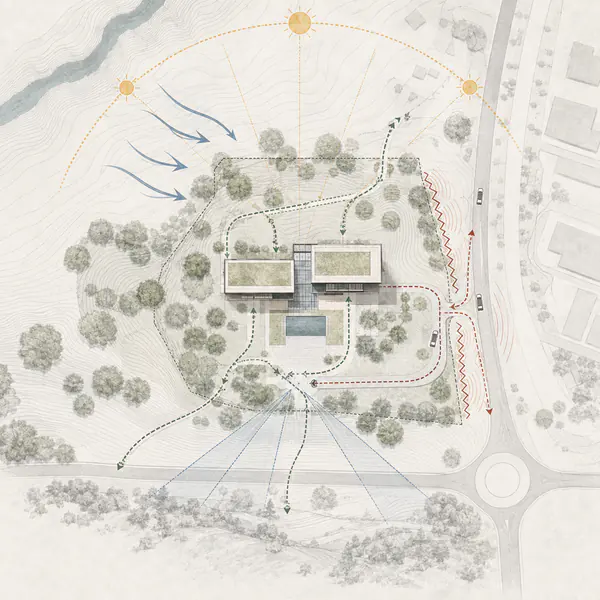 Site Analysis Diagram — Maps important site forces such as access, views, noise, climate, topography, vegetation, and surrounding uses