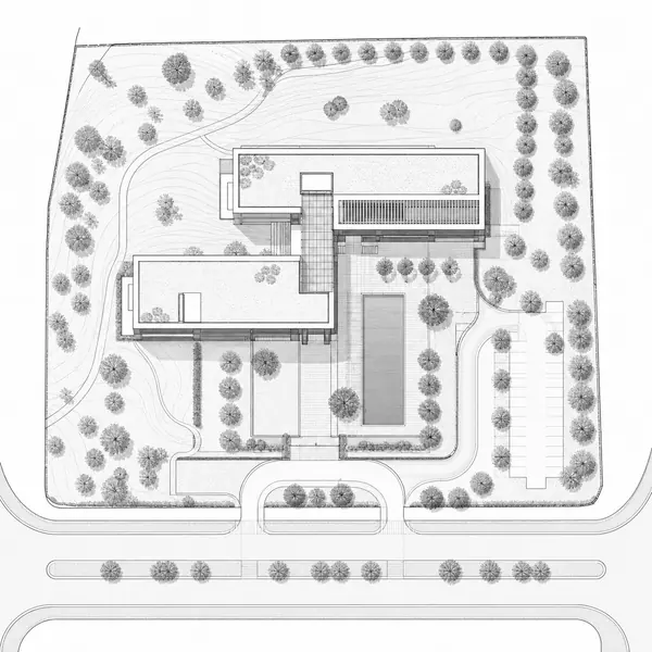 Site Plan — Shows the building footprint, property boundaries, roads, paths, planting, levels, and nearby context from above