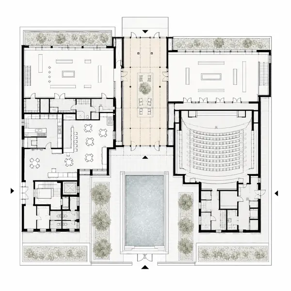 Floor Plan — Cuts horizontally through a building to show rooms, walls, doors, circulation, furniture, and dimensions