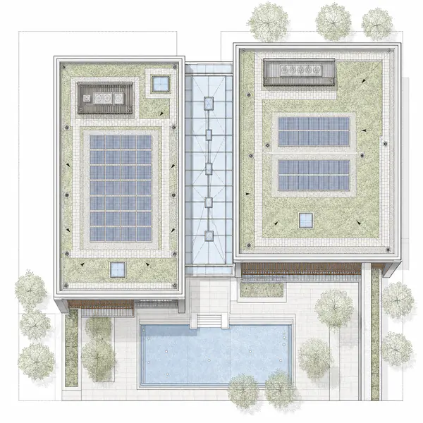 Roof Plan — Shows roof geometry, slopes, drainage, plant, skylights, terraces, parapets, and access from above