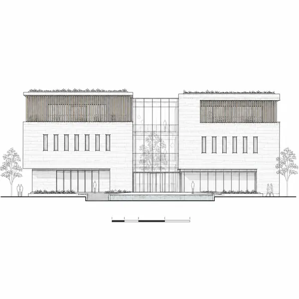 Elevation Drawing — Shows one exterior or interior face straight-on with levels, openings, materials, and vertical dimensions