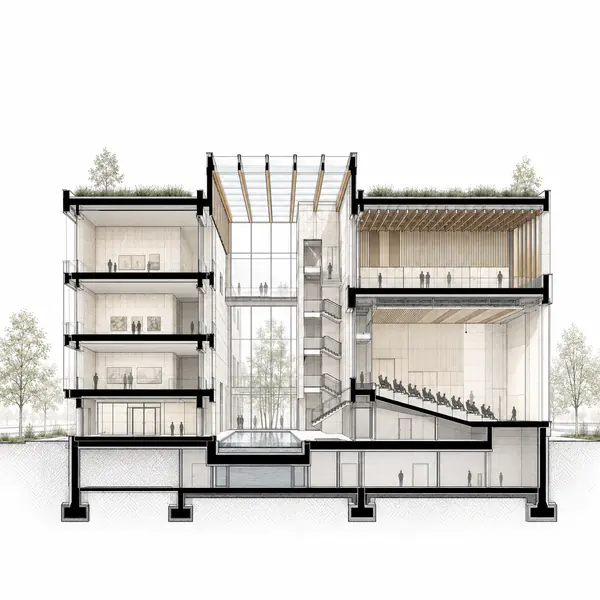 Building Section — Cuts vertically through a project to reveal floor levels, structure, spaces, height, and relationships between storeys