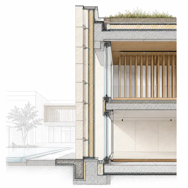 Wall Section — Enlarges a vertical slice through the envelope to explain layers, structure, insulation, finishes, and junctions