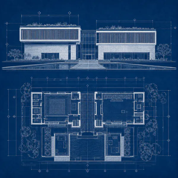 Blueprint Style — Presents technical linework in the familiar appearance of pale drawings on a deep blue background