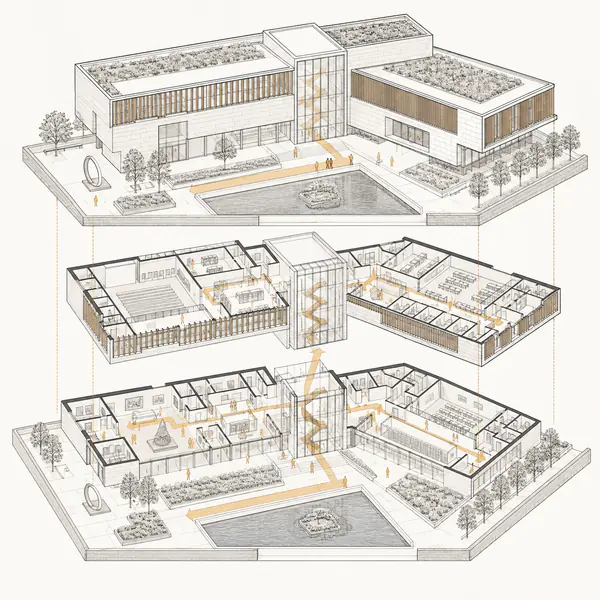 Axonometric Drawing — Shows three-dimensional form without perspective convergence so dimensions remain visually consistent along parallel axes