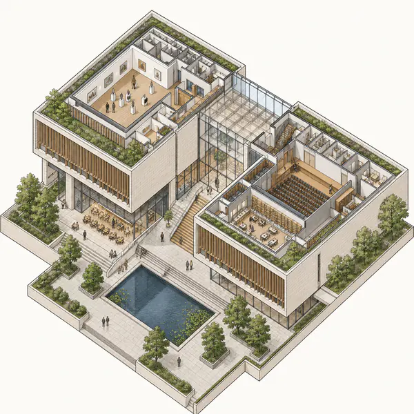 Isometric Drawing — Uses three equally scaled axes to present a clear measured-looking three-dimensional view