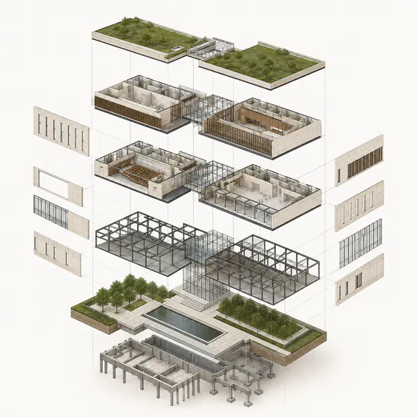 Exploded Axonometric — Separates floors, systems, or components vertically or horizontally while preserving their alignment and assembly order