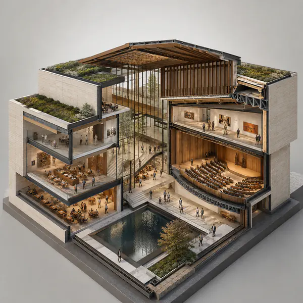 Cutaway View — Removes part of the exterior shell to reveal rooms, structure, or systems inside the building