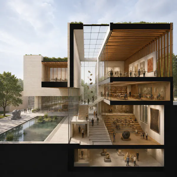 Section Perspective — Combines a sectional cut with realistic perspective depth to explain interior space and occupation