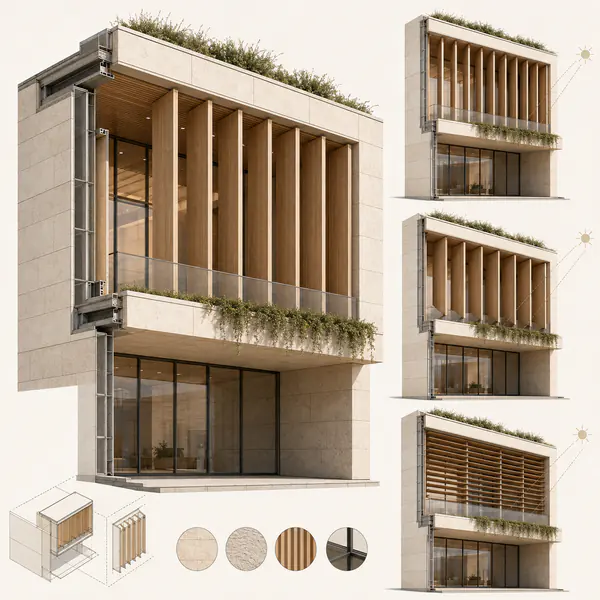 Facade Study — Examines the pattern, depth, materials, shading, openings, and modular logic of a building envelope