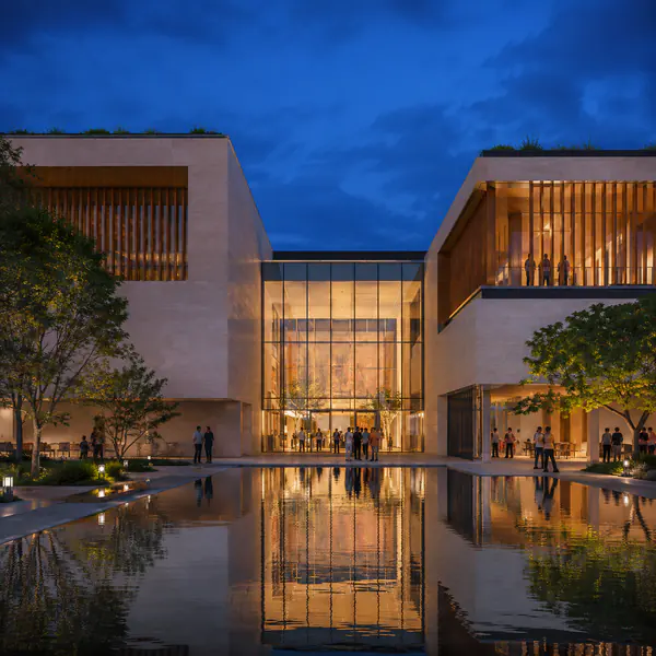 Photorealistic Architectural Render — Presents an unbuilt design with realistic materials, lighting, context, people, and camera behavior