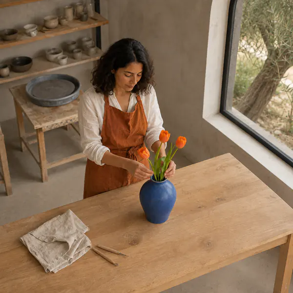 High-Angle View — Places the camera above the subject, looking downward to reveal surfaces and surroundings