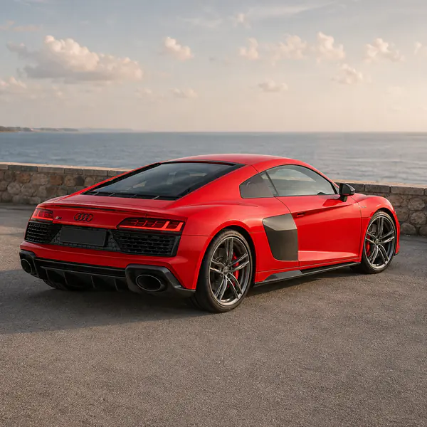 Rear Three-Quarter View — The car is viewed diagonally from behind, revealing the rear design, one flank, and wheel stance together