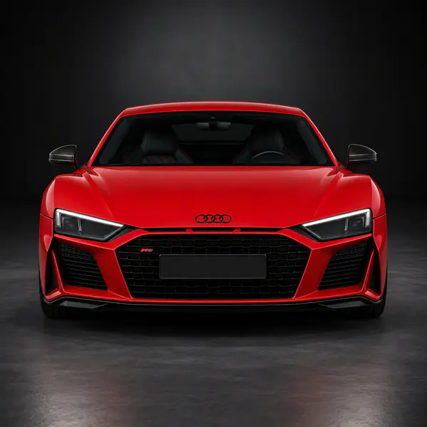 Head-On View — A centered frontal composition emphasizes the grille, headlights, width, symmetry, and recognizable face of the vehicle