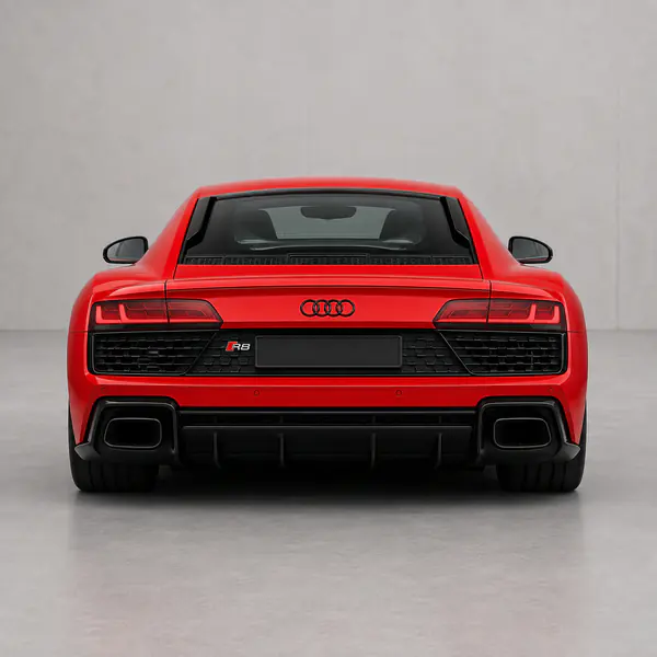 Straight Rear View — A centered view from directly behind highlights taillights, rear width, exhaust layout, and trunk or tailgate design