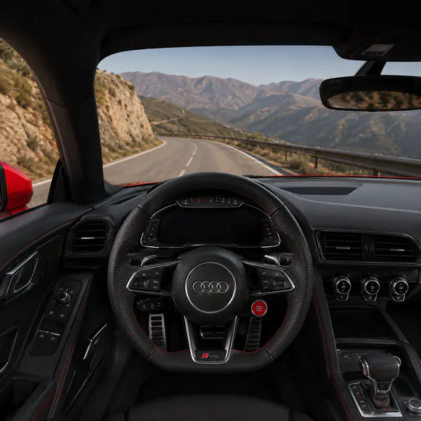 Driver's-Eye Cockpit View — The viewpoint sits where the driver would look, placing the steering wheel, instruments, and road naturally in frame