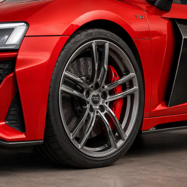 Automotive Detail Shot — A close view isolates a distinctive feature such as a wheel, badge, headlamp, stitch, or control