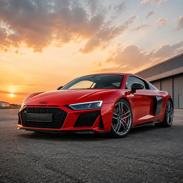 Low-Angle Hero Shot — A viewpoint near the ground makes the car appear powerful, planted, and visually dominant against its surroundings