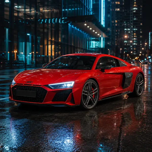 Night City Shot — The car is framed among illuminated streets, architecture, and reflections to create an energetic urban nighttime atmosphere
