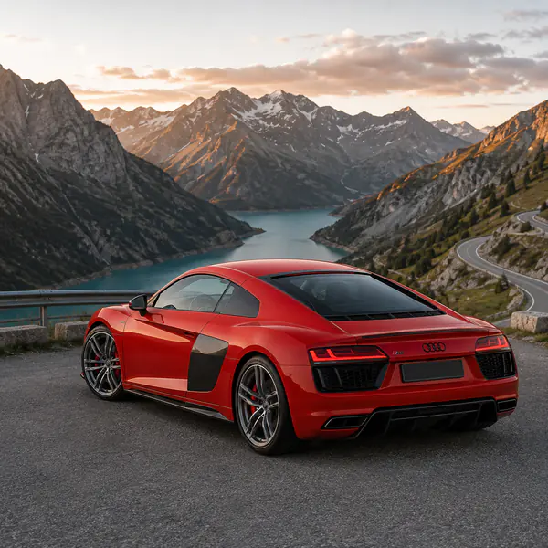 Scenic Road Shot — The vehicle occupies a beautiful open route, balancing automotive presence with mountains, coastline, forest, or desert