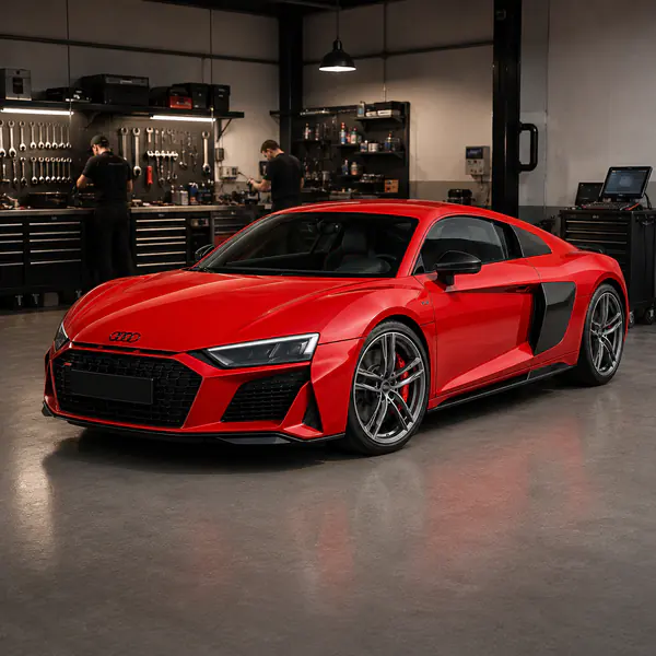 Garage Workshop Shot — The car is photographed in a working garage among tools and equipment, adding mechanical craft and behind-the-scenes context