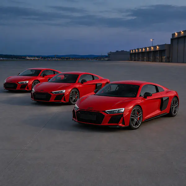 Car Lineup Shot — Multiple vehicles are arranged together to compare models, generations, colors, or a shared automotive identity