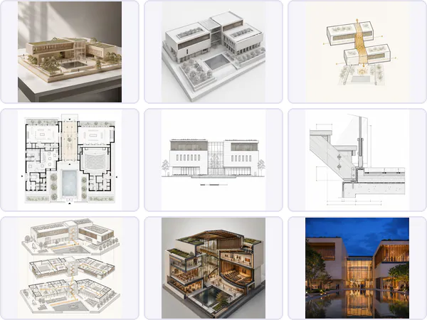 Nine example images from the Architectural Representation keyword pack