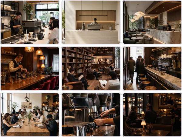 Nine example images from the Coffee House keyword pack