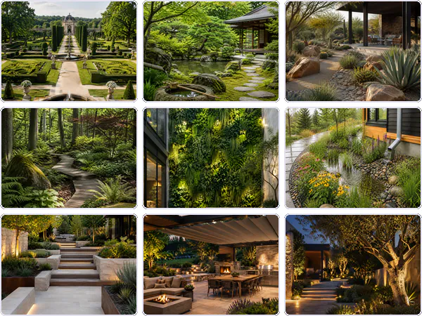 Nine example images from the Garden and Landscape Design keyword pack