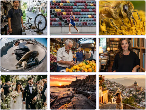 Nine example images from the Lenses keyword pack