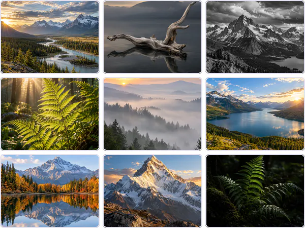 Nine example images from the Nature keyword pack