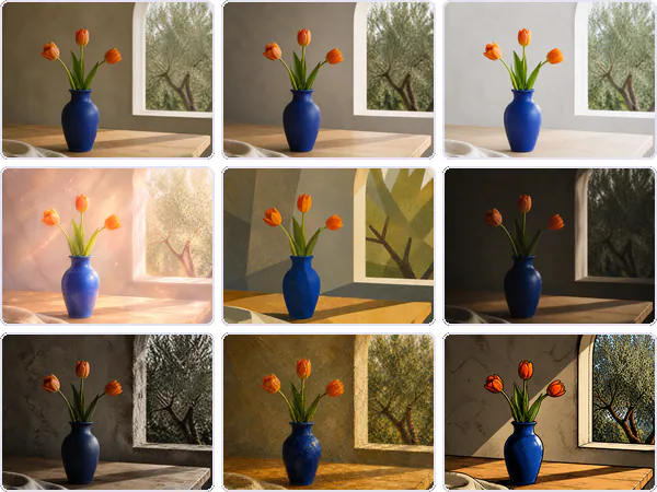 Nine example images from the Visual Style keyword pack