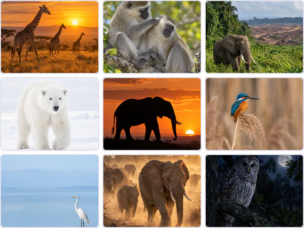 Nine example images from the Wildlife & Safari keyword pack