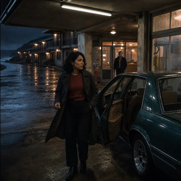 Film still — A film still resembles a paused narrative moment through purposeful blocking, evocative light, production detail, and implied action