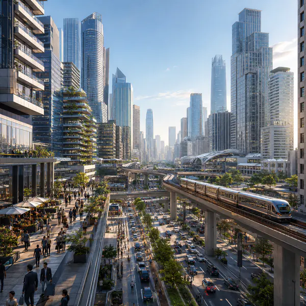 Modern Metropolis — Describes a large contemporary city with high-rise buildings, dense infrastructure, and active public life