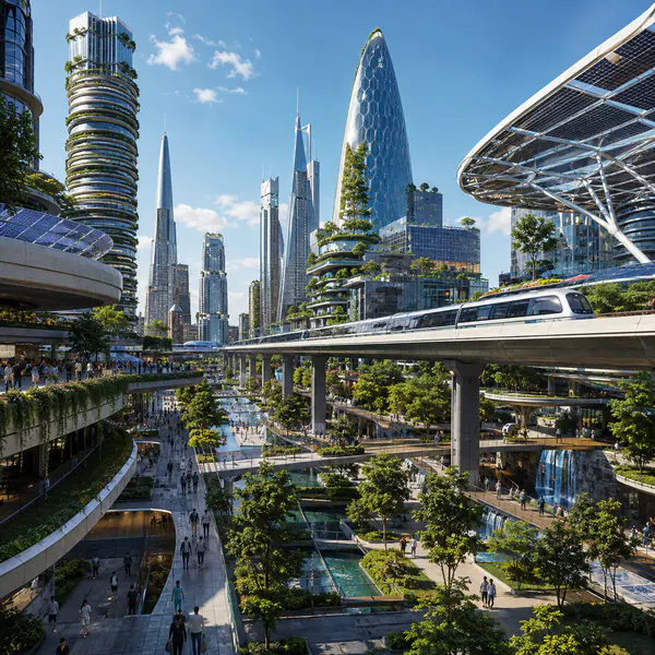 Futuristic City — Imagines advanced buildings, transport, infrastructure, and public spaces beyond current urban design