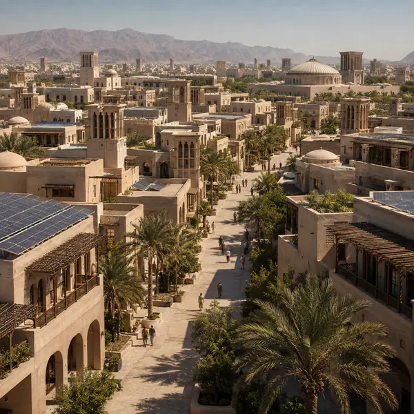 Desert City — Adapts streets and buildings to intense sun, heat, dust, scarce water, and arid vegetation