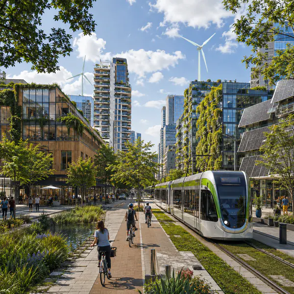 Sustainable City — Prioritizes low-carbon transport, efficient buildings, urban nature, renewable energy, and water-sensitive design