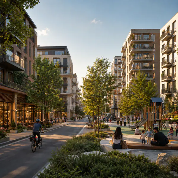 Residential District — Focuses on housing, neighborhood streets, schools, local shops, parks, and everyday community activity