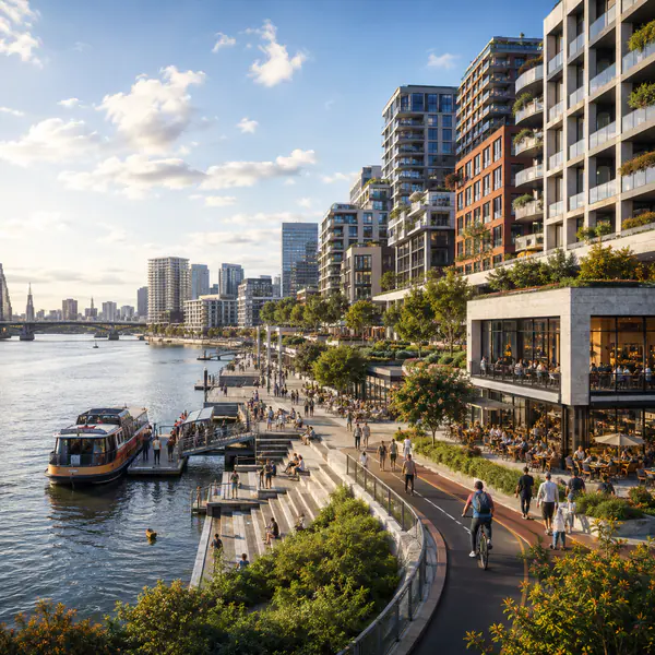 Waterfront District — Organizes buildings and public space along a river, canal, lake, or harbor edge
