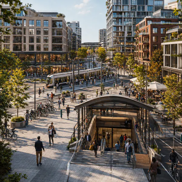 Transit Oriented District — Concentrates homes, jobs, shops, and public space within easy walking distance of major transit