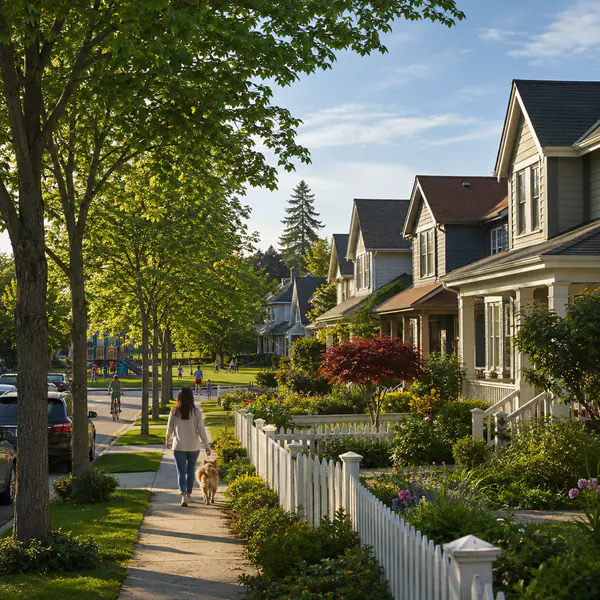 Suburban Neighborhood — Uses lower-density housing, local streets, gardens, schools, and small community centers outside the urban core