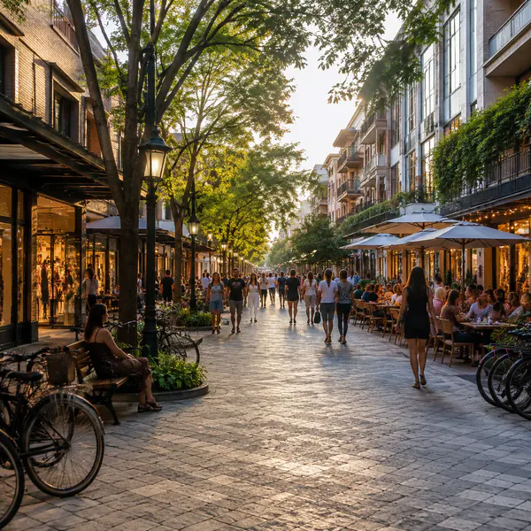 Pedestrian Street — Removes regular vehicle traffic to prioritize walking, seating, shops, shade, and street activity